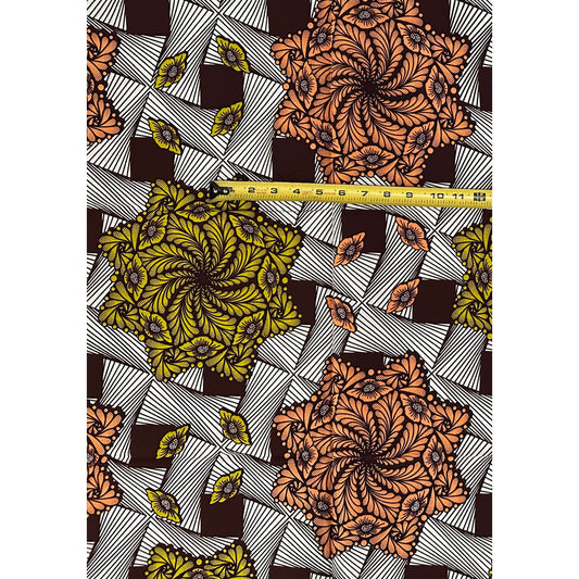 African Print Fabric/ Ankara - Coral, Chartreuse, Brown 'Orisun Celestial Star,' YARD