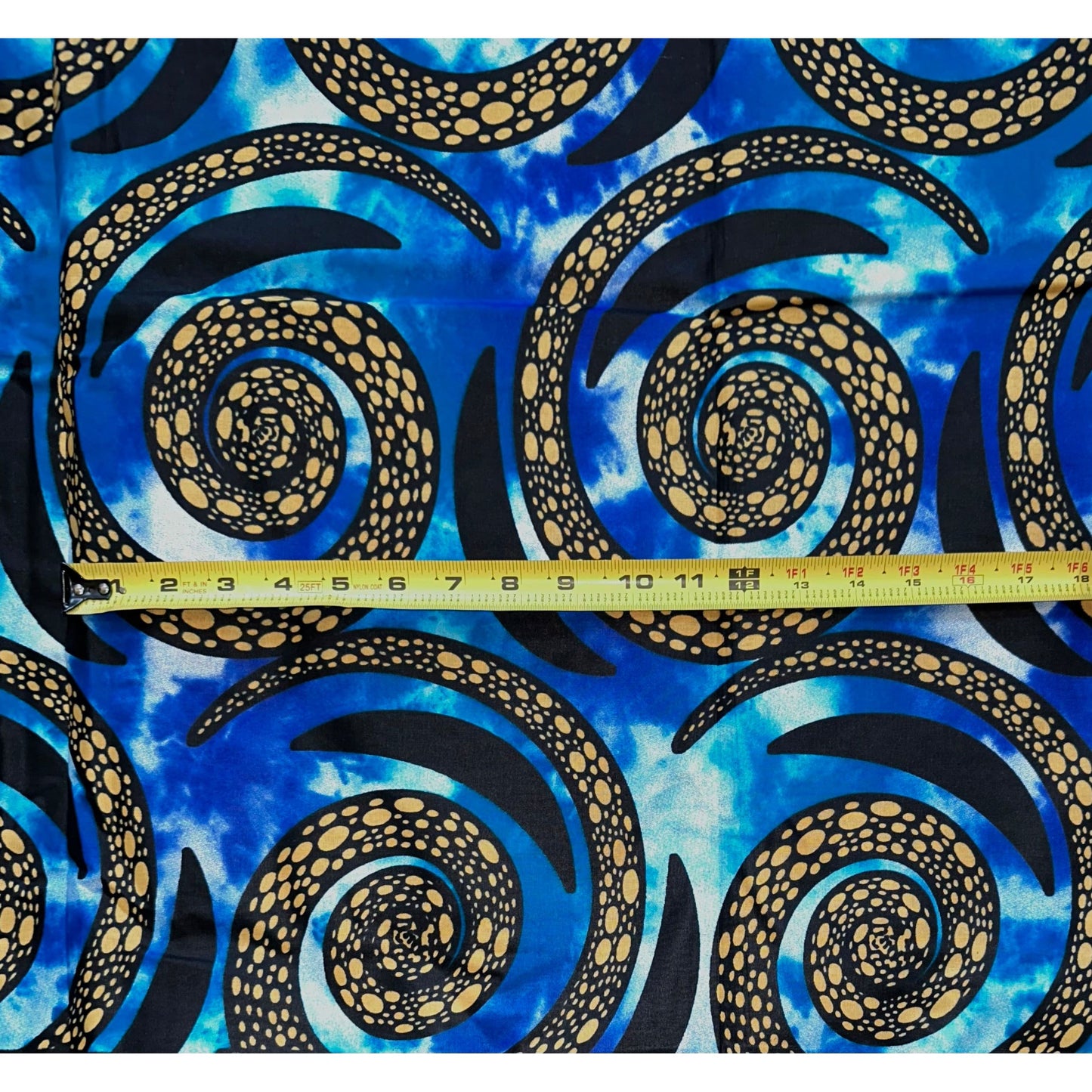 African Print Fabric/ Ankara - Blue, Beige, Black 'Bimi Spiral', YARD or WHOLESALE