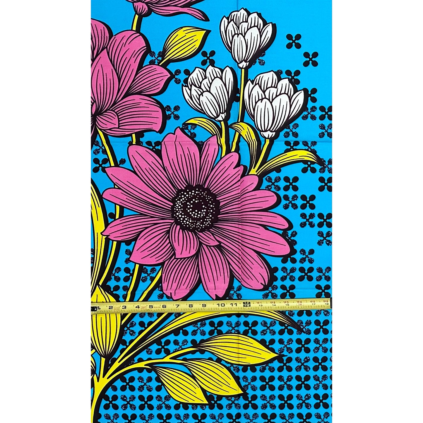 African Print Fabric/ Ankara - Blue, Pink, Yellow ‘Serengeti Flora' Design, 1 YARD