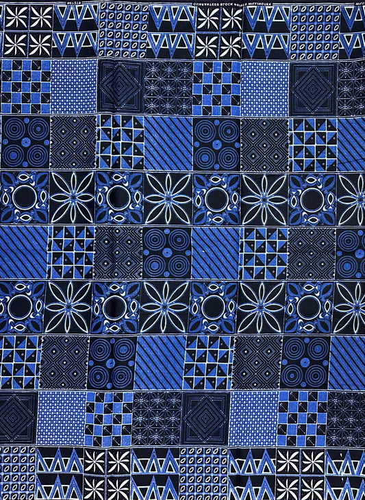 African Print Fabric/ Ankara - Shades of Blue, White 'House of Shapes' Design, YARD or WHOLESALE