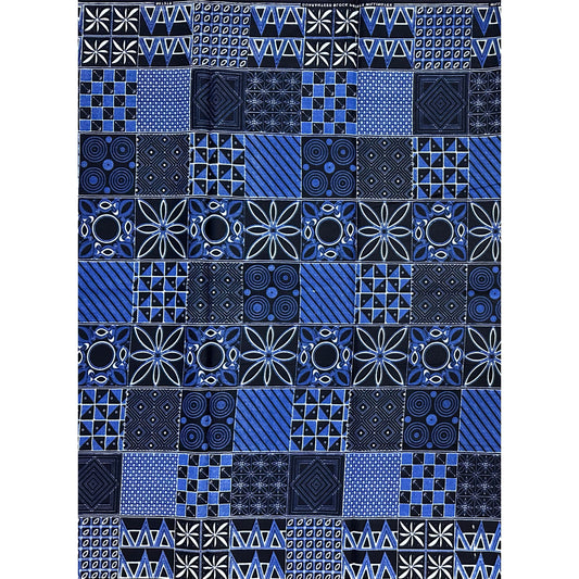 African Print Fabric/ Ankara - Shades of Blue, White 'House of Shapes' Design, YARD or WHOLESALE
