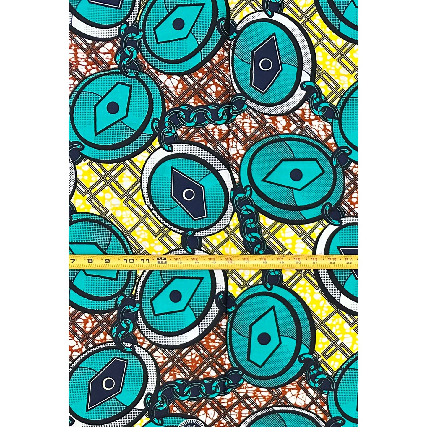 African Print Fabric/ Ankara - Teal, Brown, Yellow "Chain No Dey Hold Me", 1 YARD