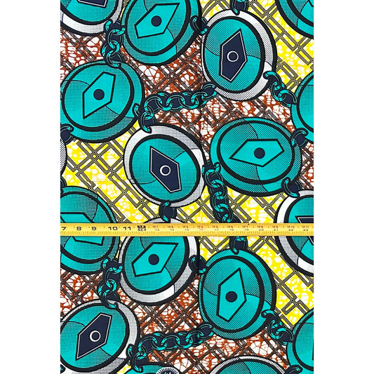 African Print Fabric/ Ankara - Teal, Brown, Yellow "Chain No Dey Hold Me", 1 YARD