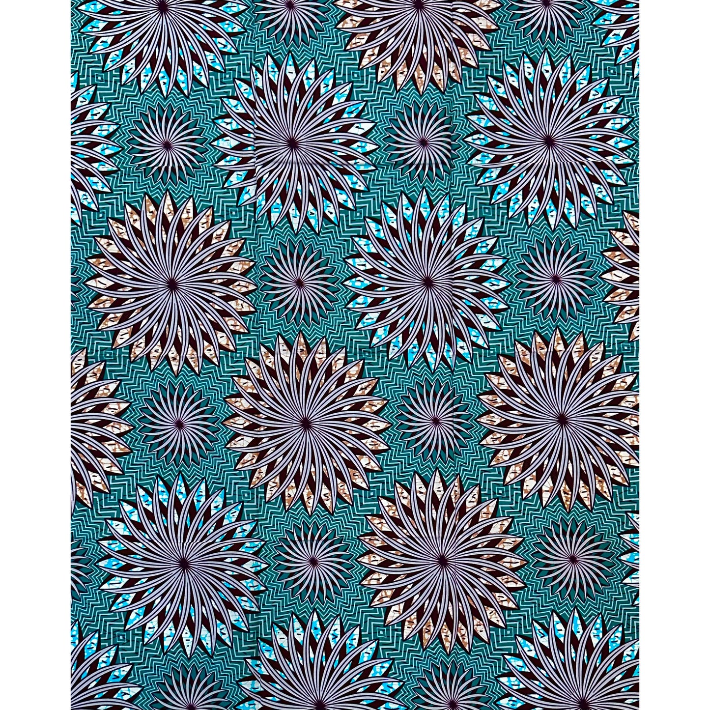 African Print Fabric/ Ankara - Teal, Brown, Gray ‘Power Burst' Design, 1 YARD
