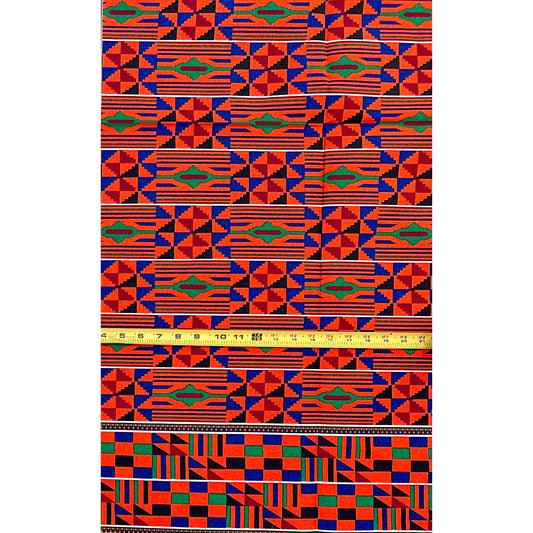 African Print Fabric/Ankara - Orange, Red, Blue, Green "Generational Wealth" Kente, 1 Yard