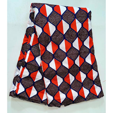African Fabric/ Woven Kente - Brown, Orange, White, Navy, Silver “Afiwa”, 4 Yards