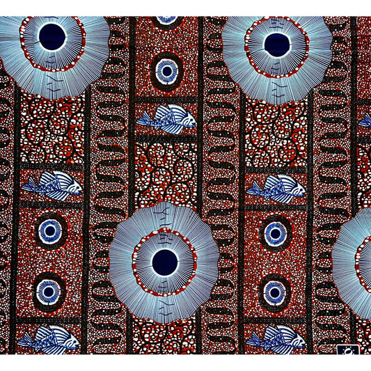 African Print Fabric/ Ankara - Brown, Navy, White "Market Staples", YARD or WHOLESALE