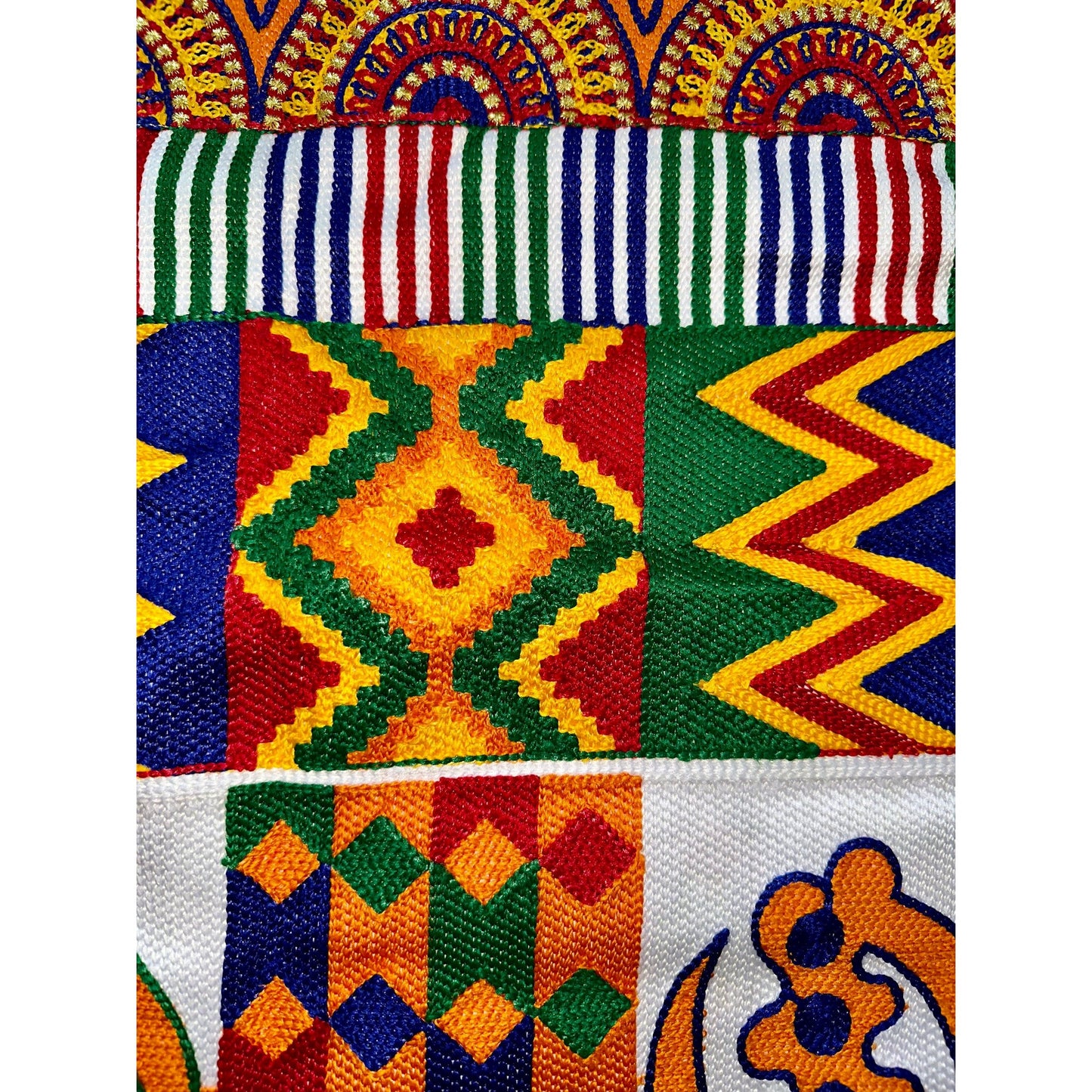 African Fabric/ Woven Kente - Orange, Red, Blue, Green, Metallic Gold “Aboagye”, 6 Yards
