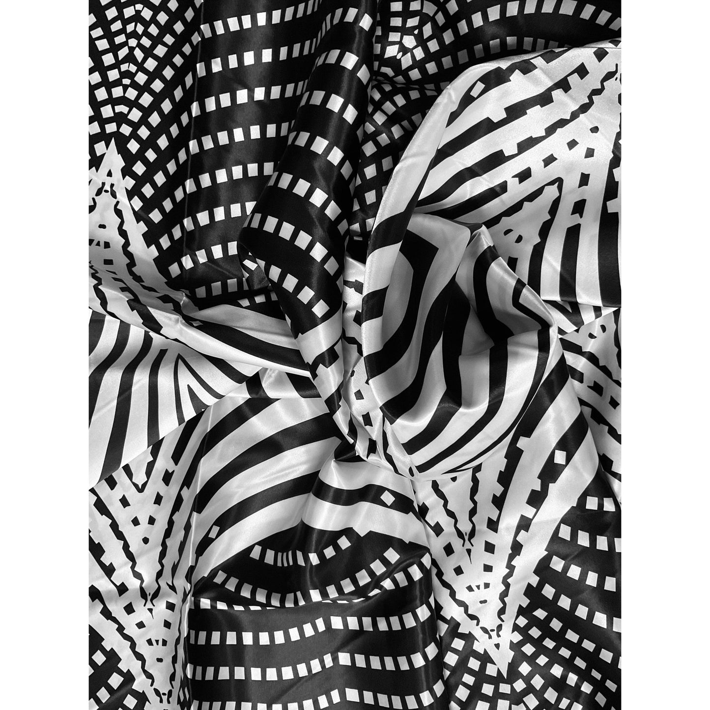 African Print, Satin Fabric- Black, White "Lalibela Heights", Yard or Wholesale