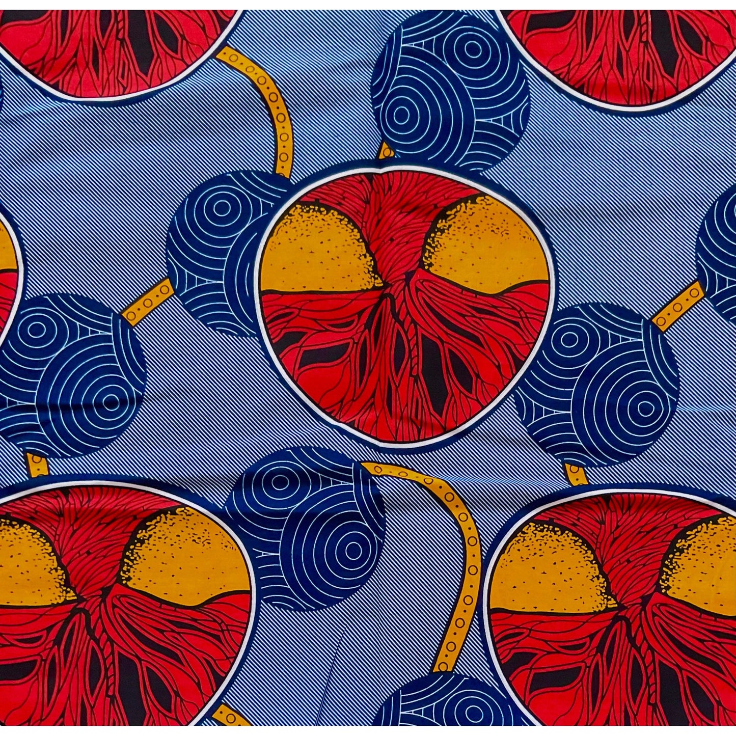African Print Fabric/ Ankara - Red, Blue, Orange 'Zami Round' Design, YARD or WHOLESALE