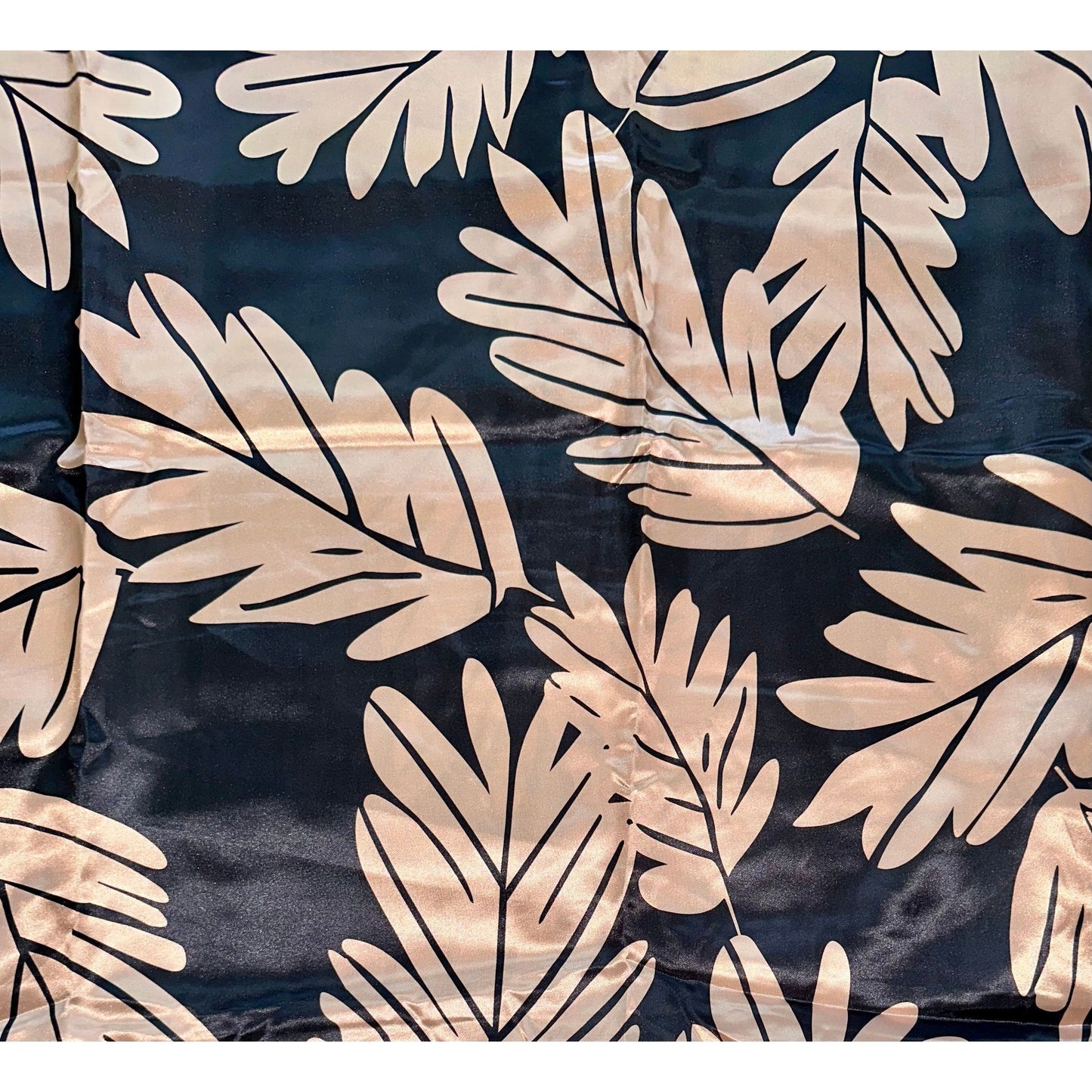 African Print, Satin Fabric- Light Brown/ Gold, Black "Leaves of Darien", Per Yard or Wholesale