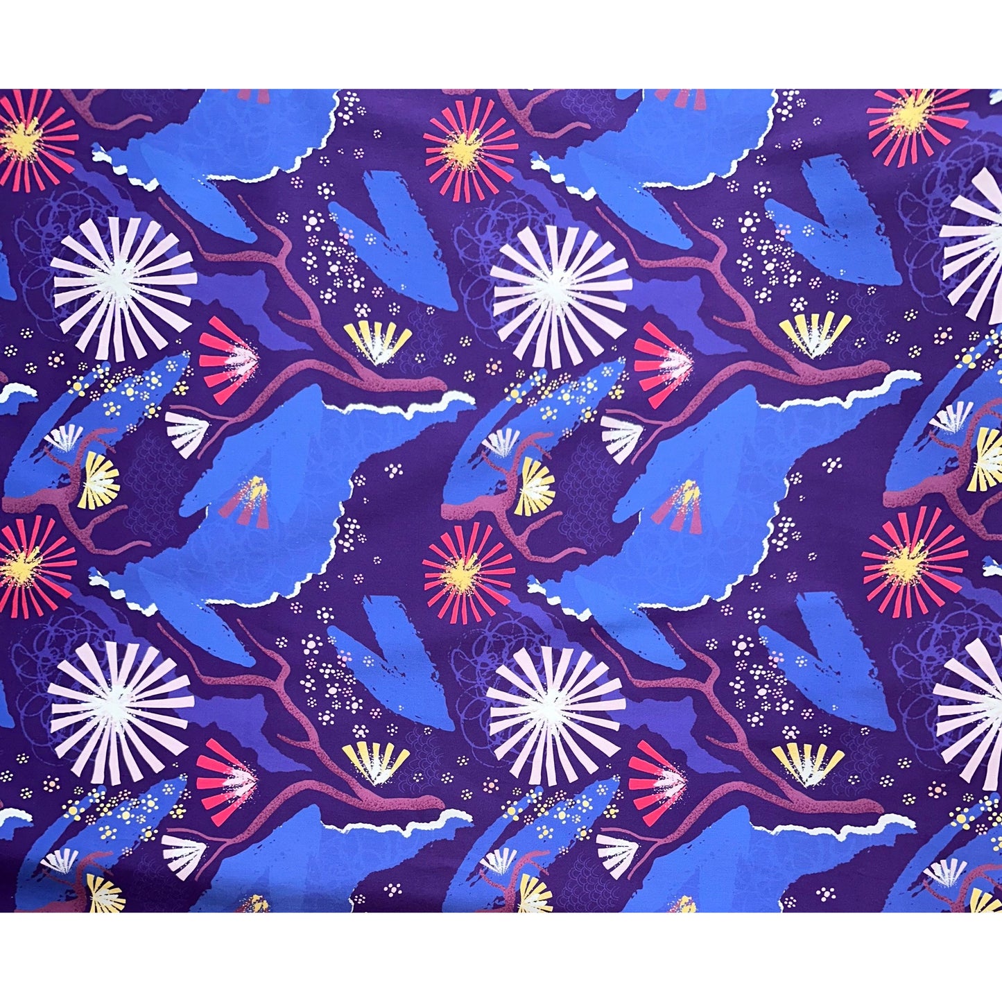 African Print, Stretch Cotton Satin Fabric- Blue, Purple, Pink "Venus Rising", Per Yard