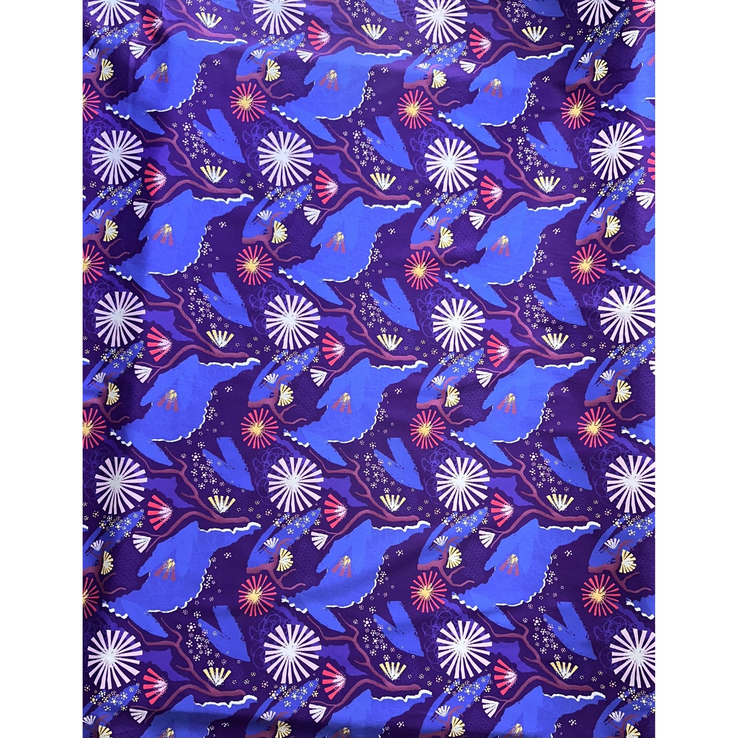 African Print, Stretch Cotton Satin Fabric- Blue, Purple, Pink "Venus Rising", Per Yard