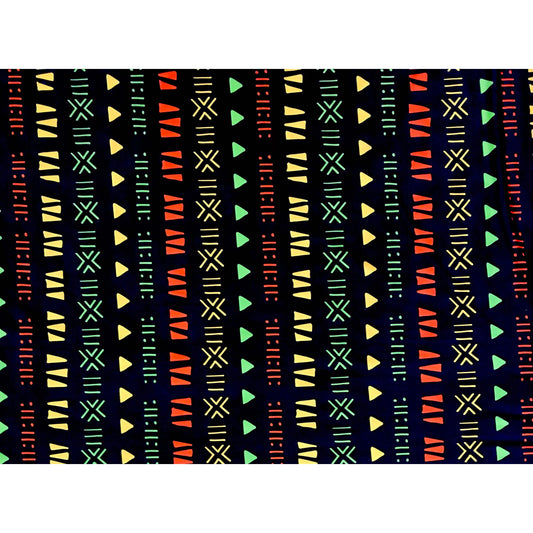 African Print, Elastic Knit Fabric - Dark Brown, Orange, Yellow, Green "Kachi", Per Yard