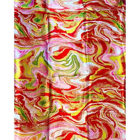 African Print, Satin Fabric - Red, Pink, Gold "Wasi Whirl", Yard or Wholesale
