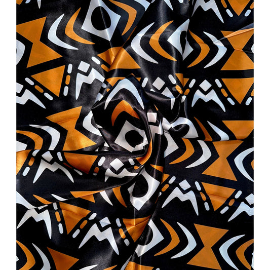 African Print, Satin Fabric - Black, Brown, White "Yaro", Per Yard or Wholesale