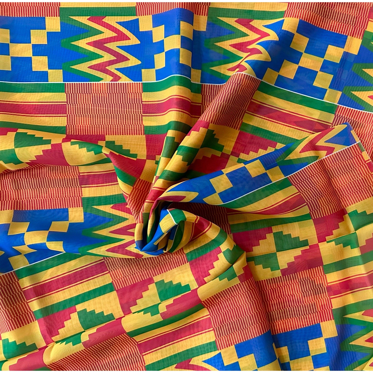 African Print, Chiffon Fabric - Yellow, Blue, Red, Green "Emperor’s Kente", ~2 Yards