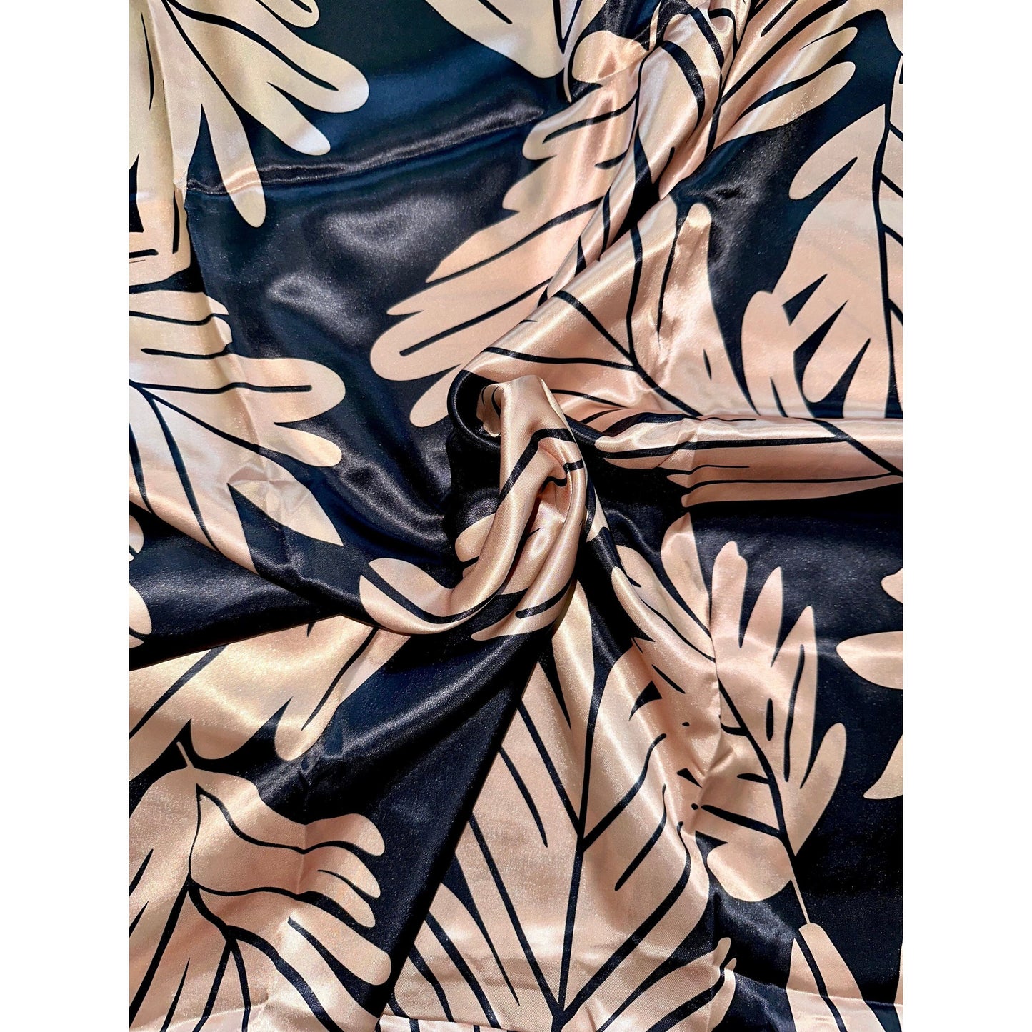 African Print, Satin Fabric- Light Brown/ Gold, Black "Leaves of Darien", Per Yard or Wholesale