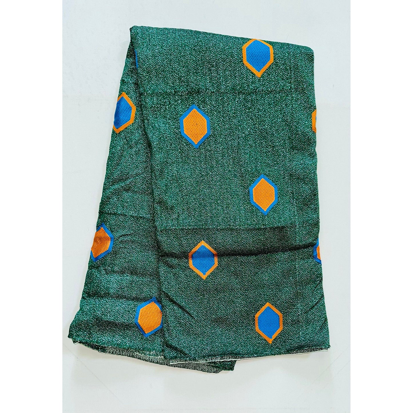 African Fabric/ Woven, Embroidered Kente - Green, Blue, Orange, Silver “Afreyea”, 2 Yards