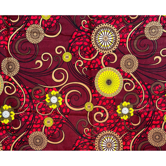 African Print Fabric/ Ankara - Red, Yellow, Brown, Black 'Malika' Design, YARD or WHOLESALE