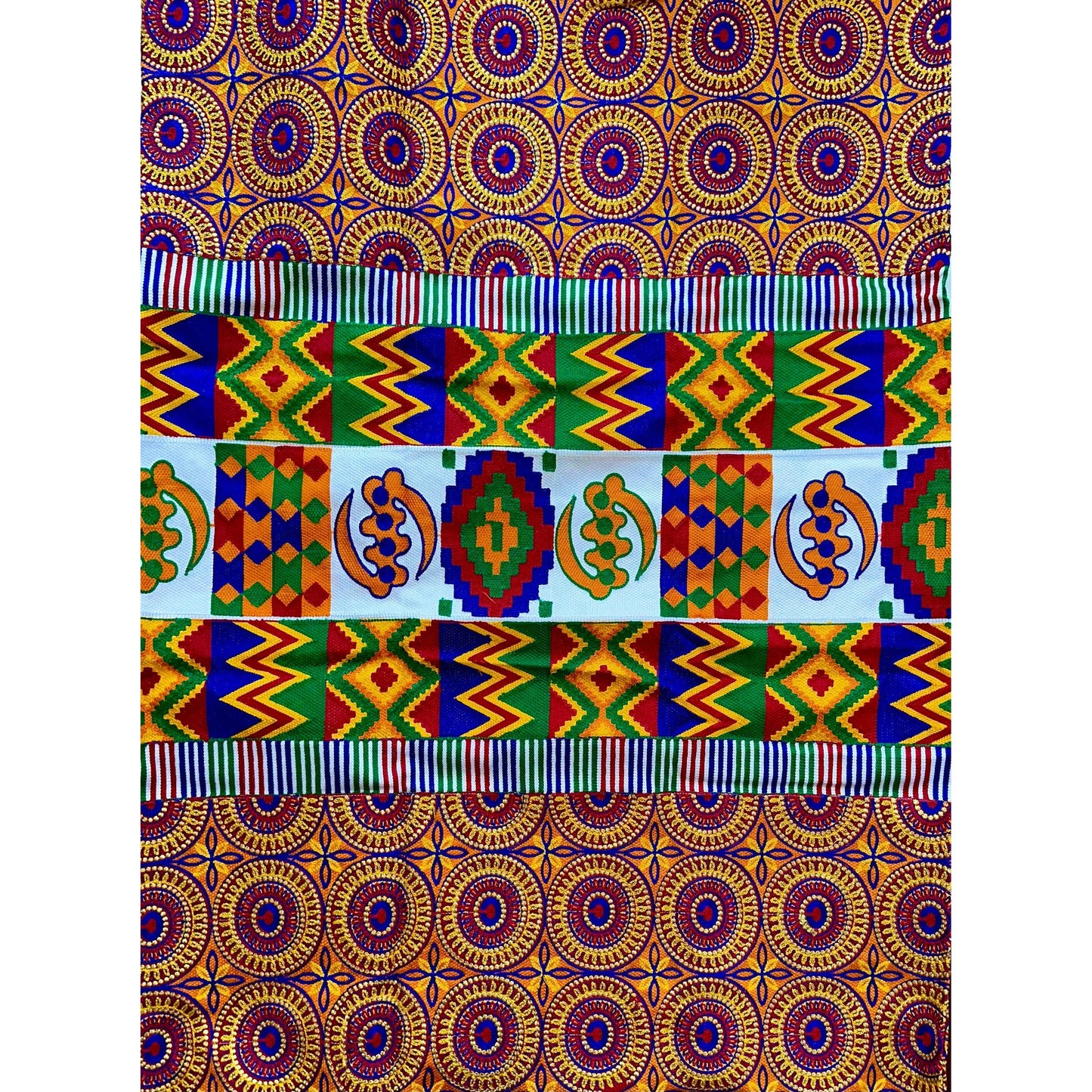 African Fabric/ Woven Kente - Orange, Red, Blue, Green, Metallic Gold “Aboagye”, 6 Yards