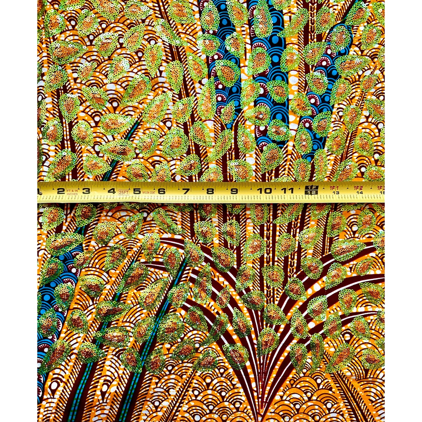 African Print Fabric/Sequined - Ankara: Brown, Blue, Green ‘Queen Gicanda', Yard or Wholesale