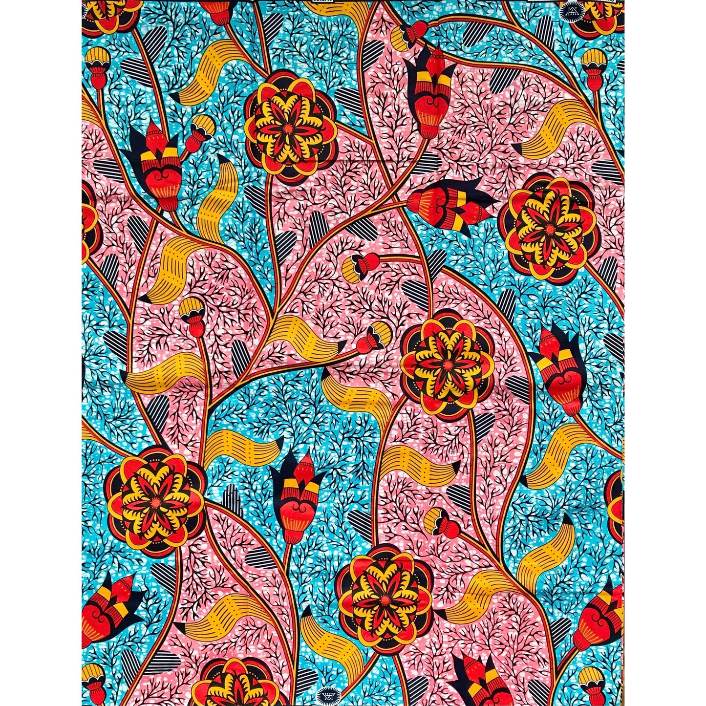 African Print Fabric/ Ankara - Orange, Blue, Pink 'Along Shere Hills,' YARD or WHOLESALE