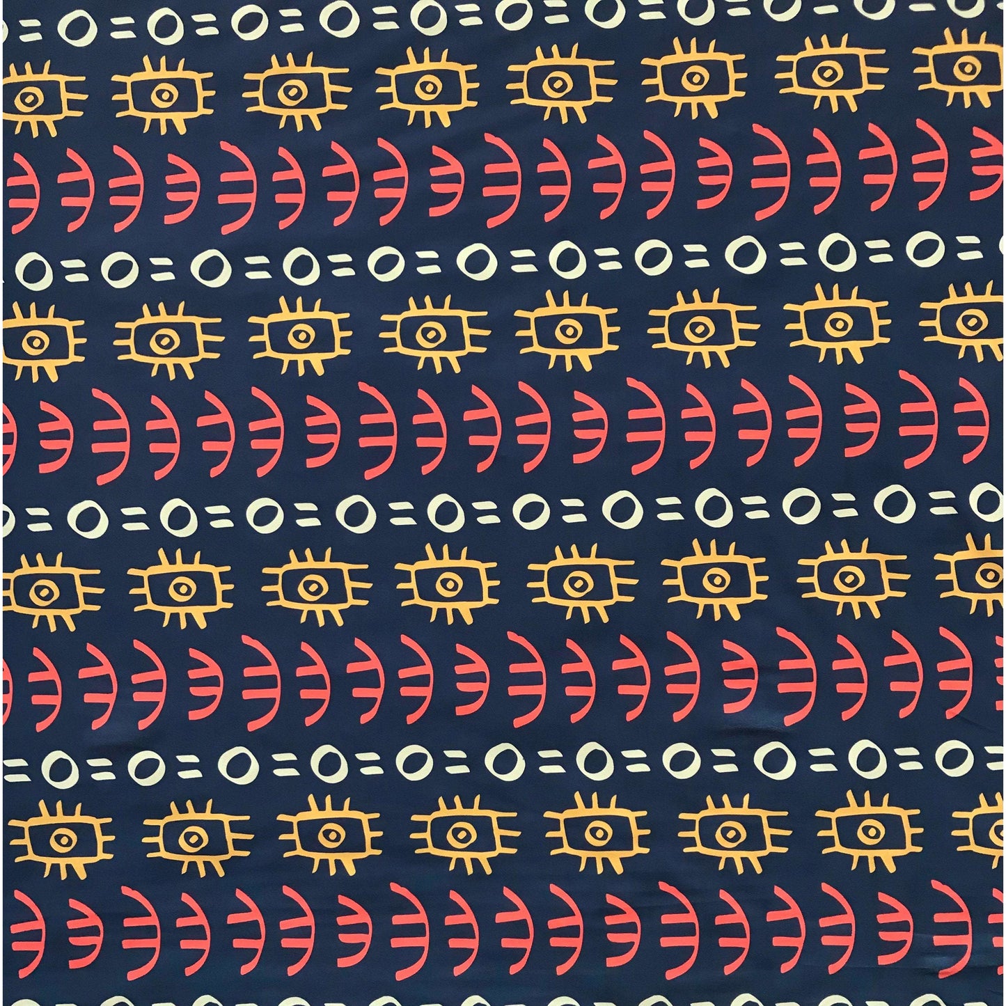 African Print, Elastic Knit Fabric - Navy, Orange, Marigold, Beige "Abimbola", Per Yard