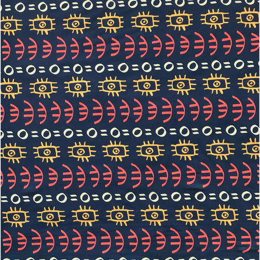African Print, Elastic Knit Fabric - Navy, Orange, Marigold, Beige "Abimbola", Per Yard