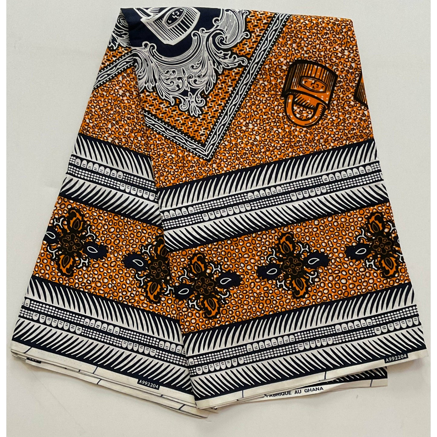 African Print Fabric/ Ankara - Orange, Blue, White 'In Lockstep' Design, YARD or WHOLESALE