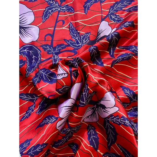 African Print, Satin Fabric - Red, Purple "Summer Garden", Per Yard or Wholesale