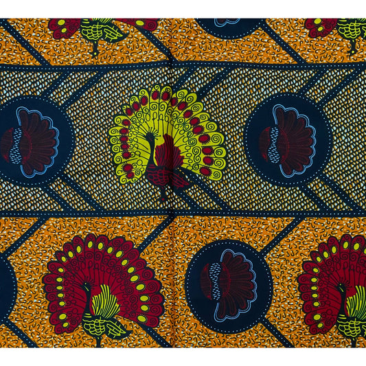 African Print Fabric/ Ankara - Orange, Yellow, Red, Navy 'Sanka Life', YARD or WHOLESALE