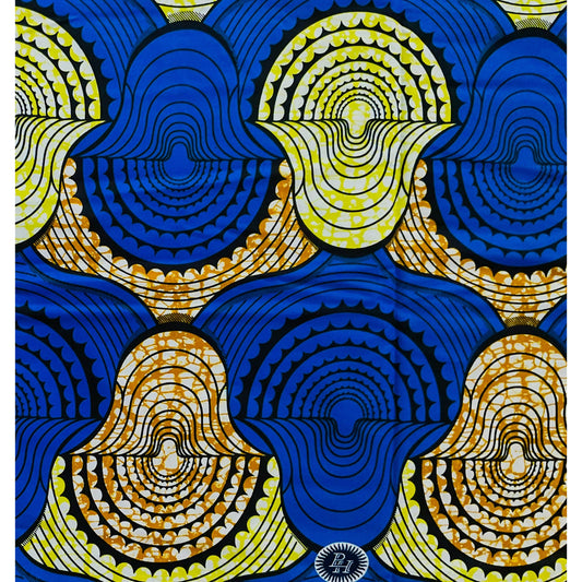African Print Fabric/ Ankara - Blue, Chartreuse, Brown ‘Mansa' Design, YARD or WHOLESALE