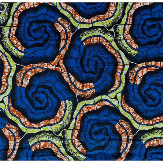 African Print Fabric/ Ankara - Blue, Orange, Chatreuse 'Mafi Spiral', YARD or WHOLESALE
