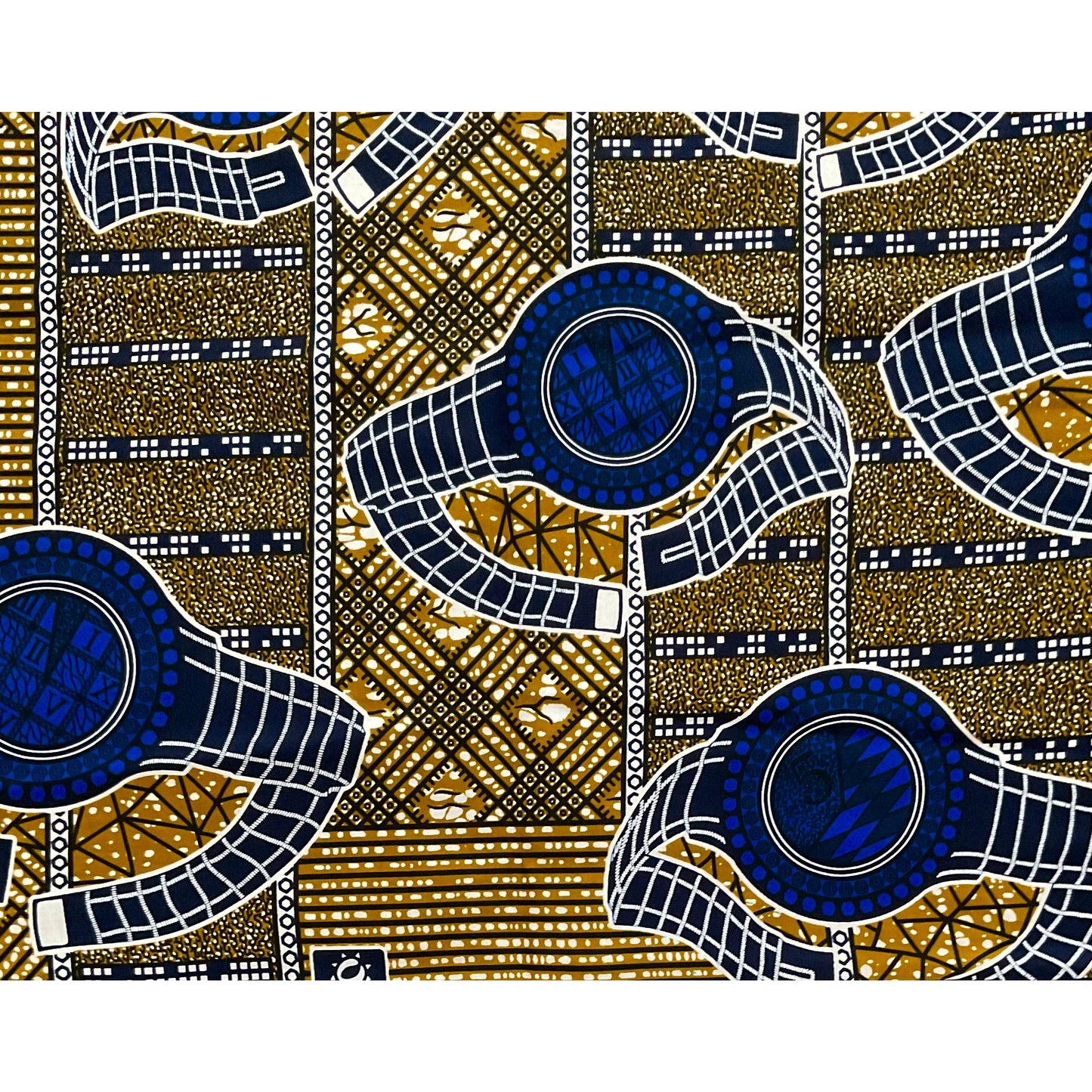 African Print Fabric/Ankara - Blue, Brown 'Timepiece' Design, YARD or WHOLESALE