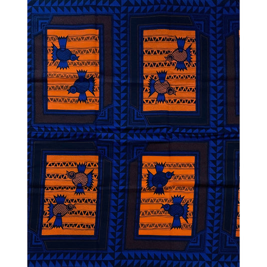 African Print Fabric/ Ankara - Blue, Orange 'Nsasak Bird" Design, YARD or WHOLESALE