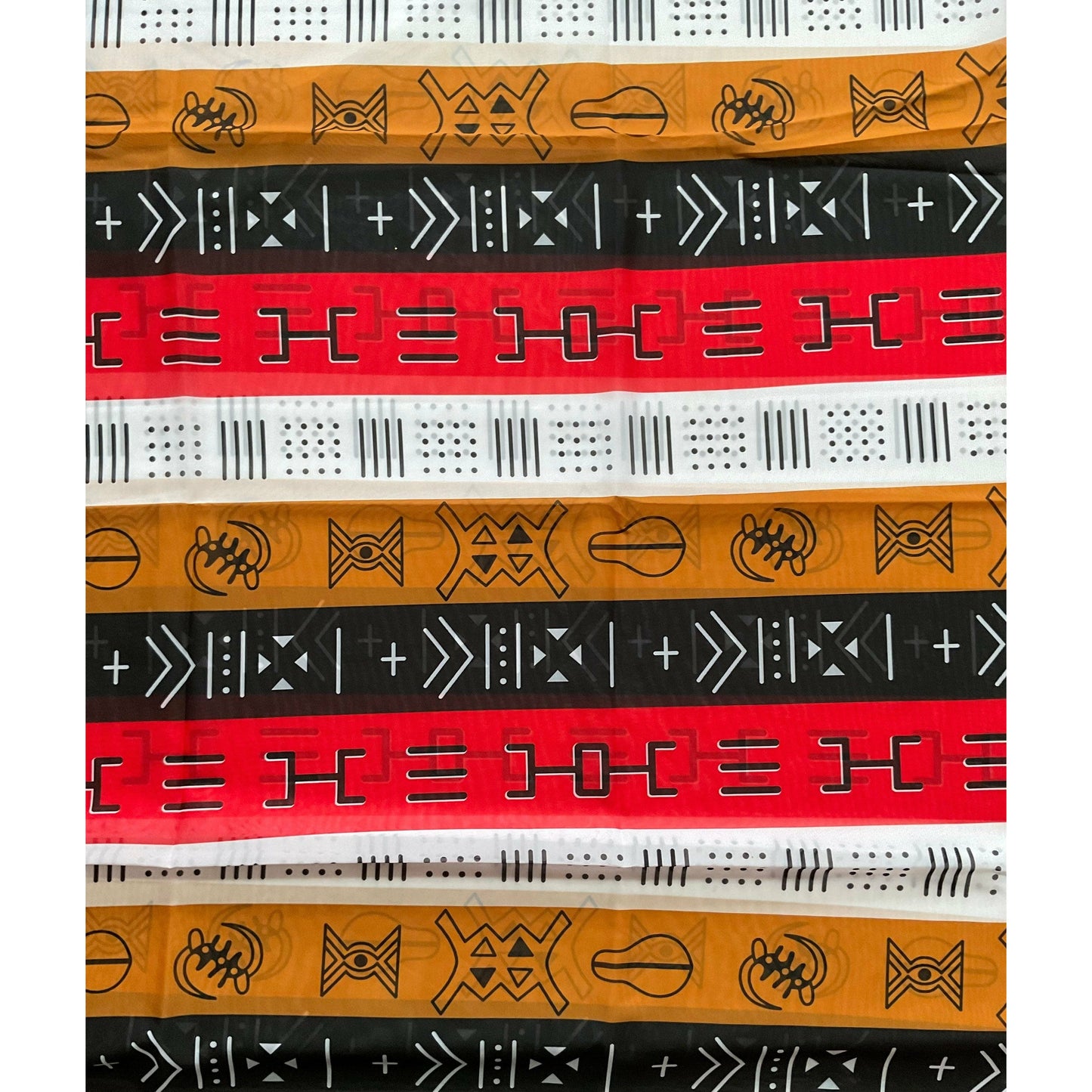 African Print, Chiffon Fabric- Black, Red, Brown, White "Duodu Rhythm", Per Yard