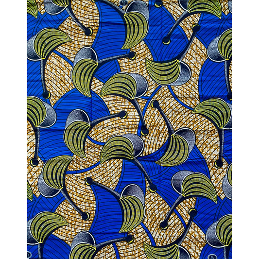 African Print Fabric/ Ankara - Blue, Yellow, Brown 'Kala So Pretty' Design, YARD or WHOLESALE