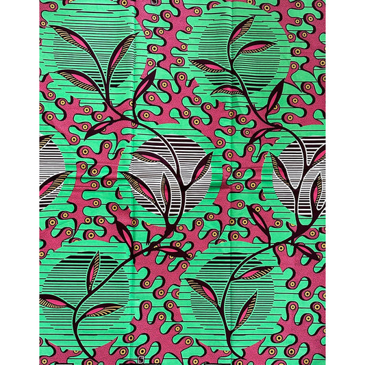 African Print Fabric/ Ankara - Green, Pink, Brown 'Celestial Puzzle,’ YARD or WHOLESALE