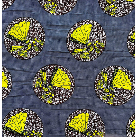 African Print Fabric/ Ankara - Navy, Brown, Yellow 'Encircled Akupe' Design, YARD or WHOLESALE