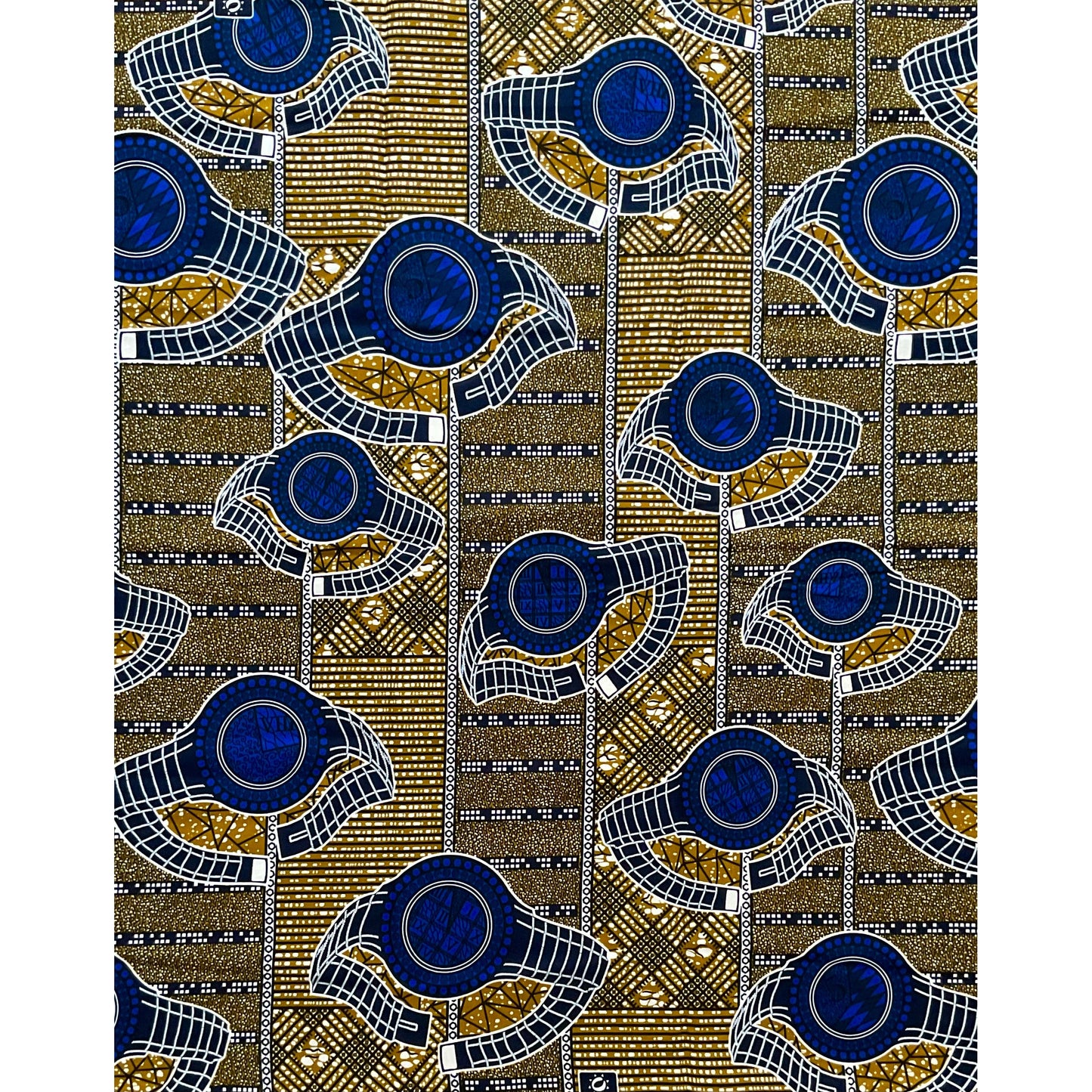 African Print Fabric/Ankara - Blue, Brown 'Timepiece' Design, YARD or WHOLESALE