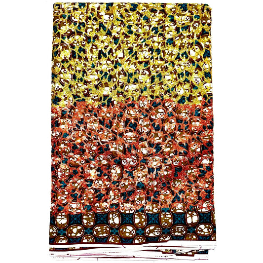 African Print Fabric/Sequined - Ankara: Green, Brown, Gold ‘Queen Saffa', Yard or Wholesale
