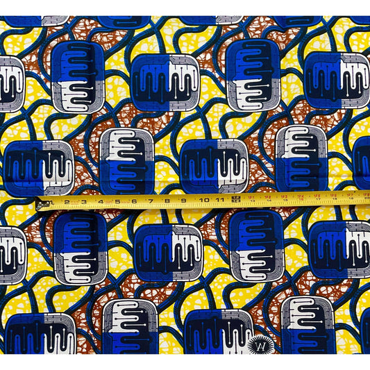 African Print Fabric/ Ankara - Blue, Brown, Yellow, White 'Gnepo'