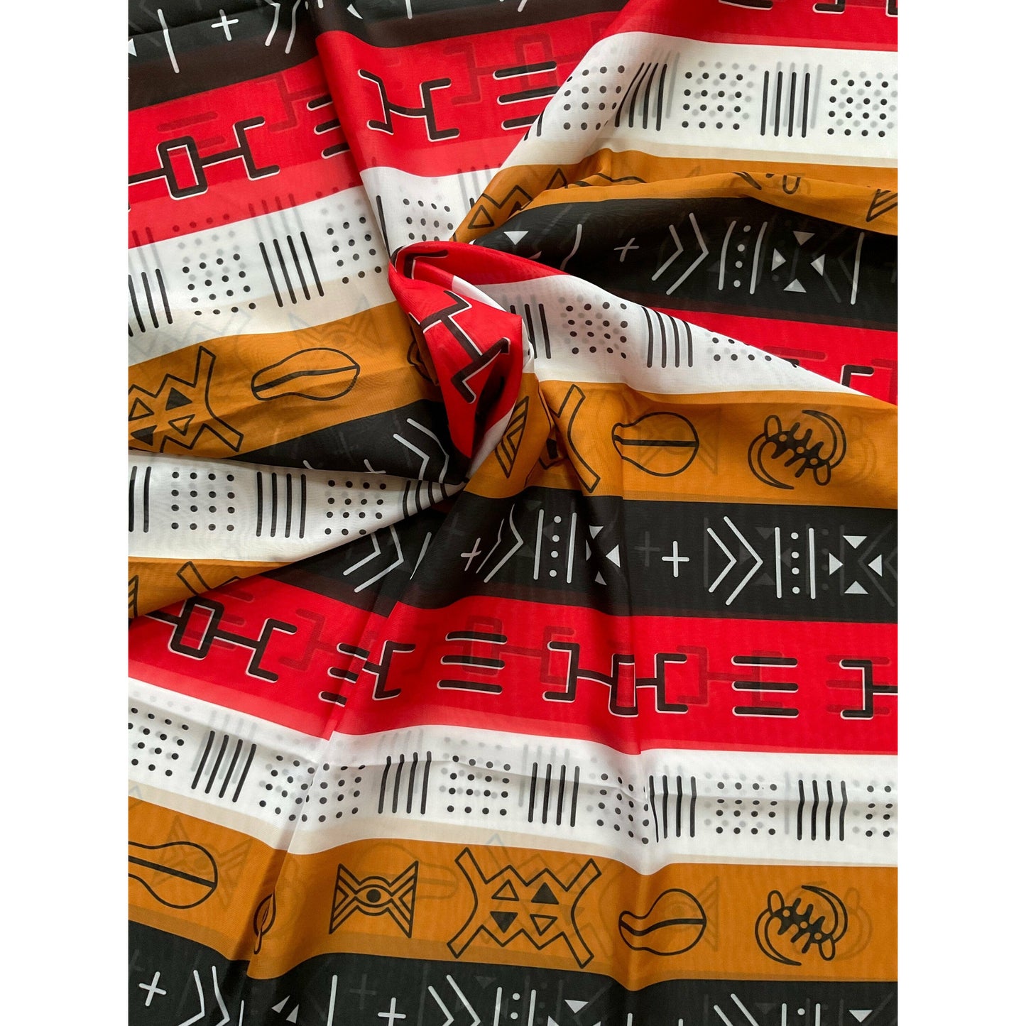African Print, Chiffon Fabric- Black, Red, Brown, White "Duodu Rhythm", Per Yard