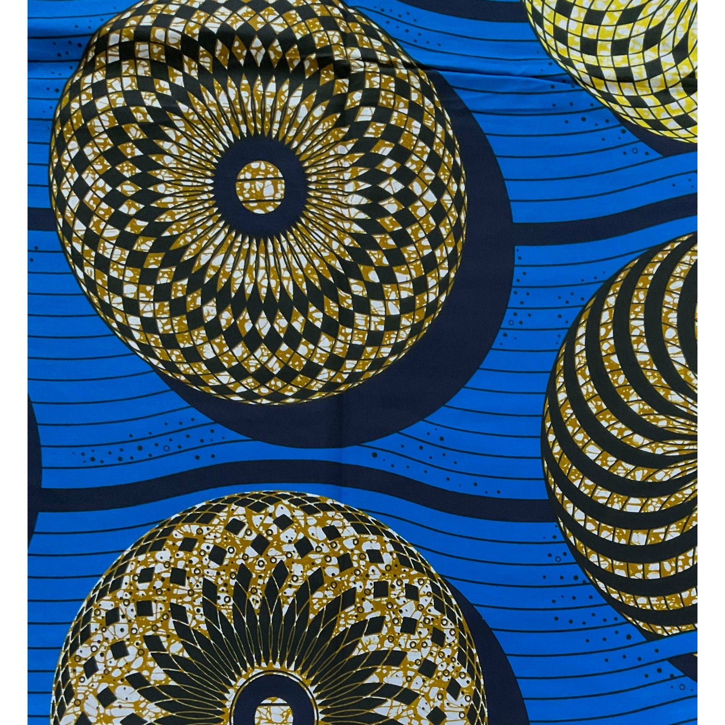 African Print Fabric/ Ankara - Blue, Yellow, Brown 'Wereji Round' Design, YARD or WHOLESALE
