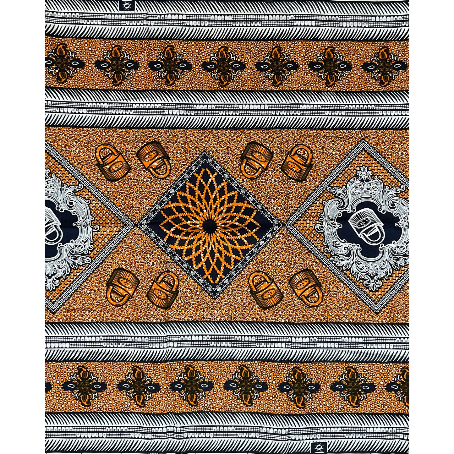 African Print Fabric/ Ankara - Orange, Blue, White 'In Lockstep' Design, YARD or WHOLESALE