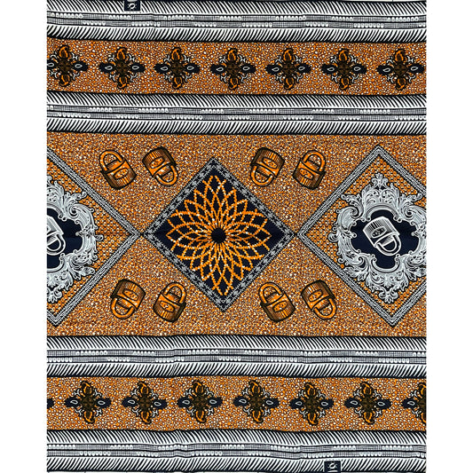 African Print Fabric/ Ankara - Orange, Blue, White 'In Lockstep' Design, YARD or WHOLESALE