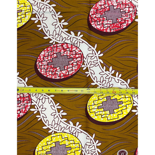 African Print Fabric/ Ankara - Brown, Red, Yellow 'Puzzle Pieces' Design