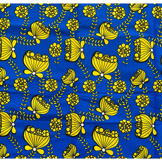 African Print Fabric/ Ankara - Blue, Yellow 'Flowers of Cadiz’, YARD or WHOLESALE