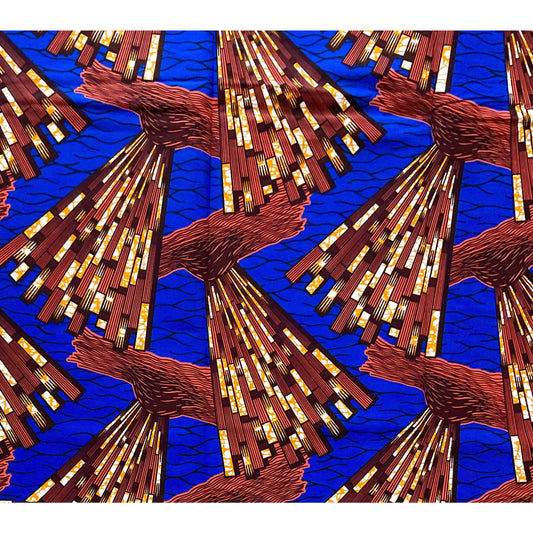 African Print Fabric/ Ankara - Blue, Brown 'Clean Sweep' Design, YARD or WHOLESALE